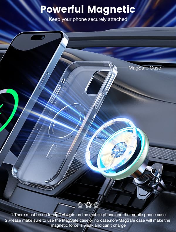 for Magsafe Car Mount Charger 15W LED RGB Car Phone Holder for Dash Vent (Mint Green)