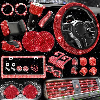 27 PCs Red Bling Car Accessories Set for Women (Red Diamond)