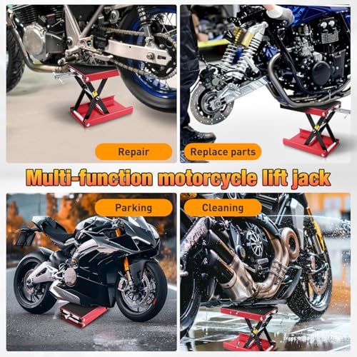 Motorcycle Lift Jack 1100 LBS Scissor Jack Stand Lift from 3.4" to 14.2" with Wide Deck Crank Handle Steel Scissor Hoist Garage Repair Lifter Table Jacks for Motorcycles ATV Dirt Bike (Red)