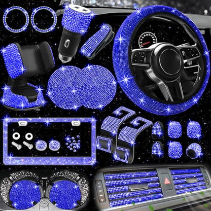 27 PCs Blue Bling Car Accessories Set for Women (Blue Diamond)