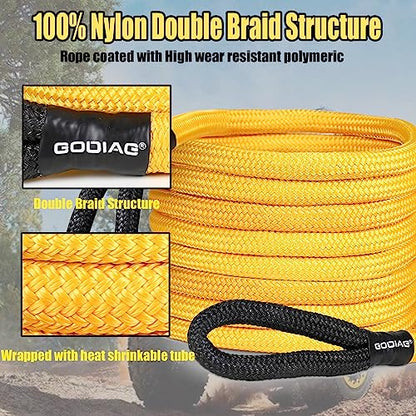 1" x20ft Kinetic Recovery Rope 33K lbs with 2 Soft Shackles Yellow (Yellow / 1"×20ft + 2 Soft Shackles)