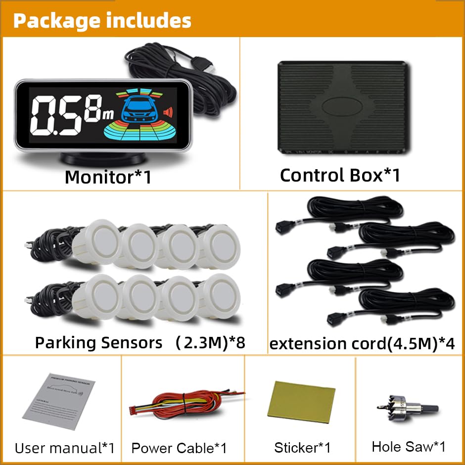 Car Parking Sensors Kit Reverse Radar parktronic System Auto Electronics Vehicle Back Assistant Reverse 8 Sensor (White)