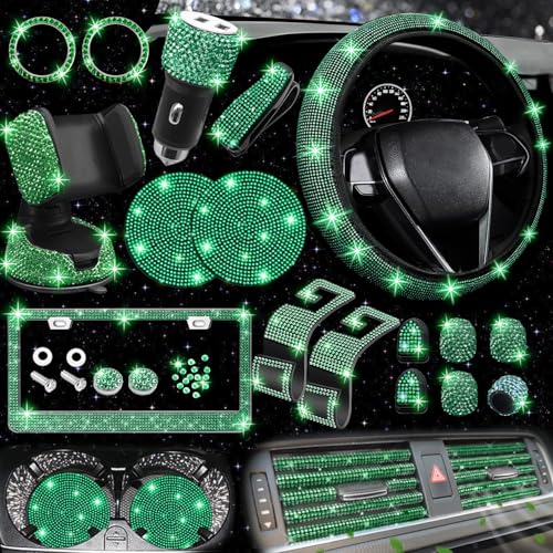 27 PCs Green Bling Car Accessories Set for Women (Green Diamond)