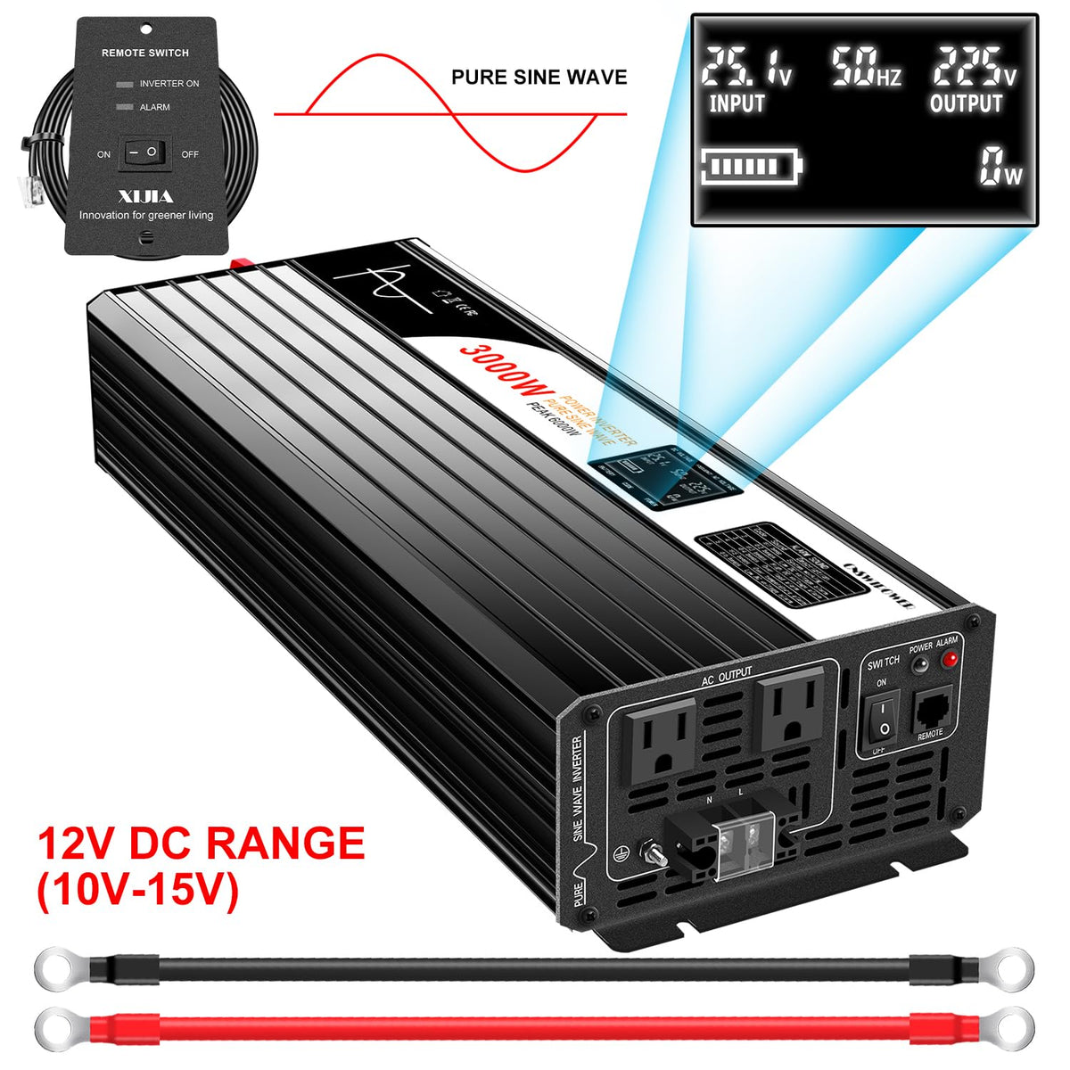 3000W Pure Sine Wave Inverter 12V DC to 120V AC Converter for Home (12V 3000W Bluetooth)