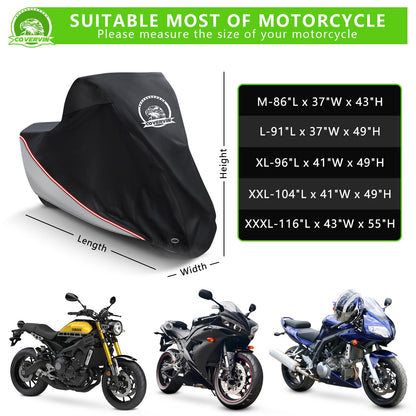 Motorcycle Cover Waterproof Universal Outdoor Storage Cover (L-91 inch / Silver)