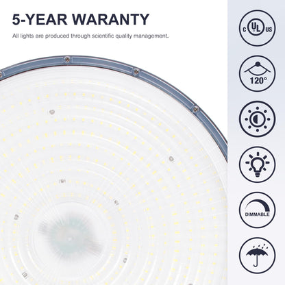 150W UFO-LED-High-Bay-Light, UL Listed 5000K Daylight 21000LM, 0-10V Dimmable LED High Bay Lights, IP65 Waterproof Commercial Bay Lighting Fixture AC100-277V for Warehouse(1 Pack) (150W)
