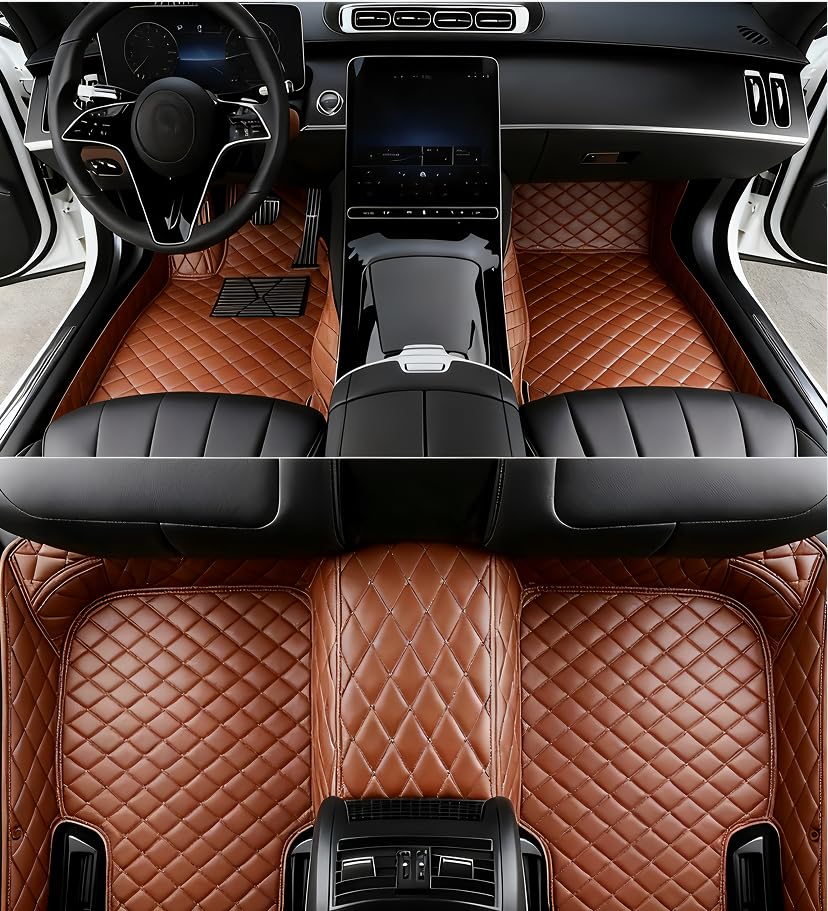 Custom All Weather Protection Leather Car Floor Mats for Cars Sedan SUV Sports Car Waterproof Floor Mat (Light Brown)