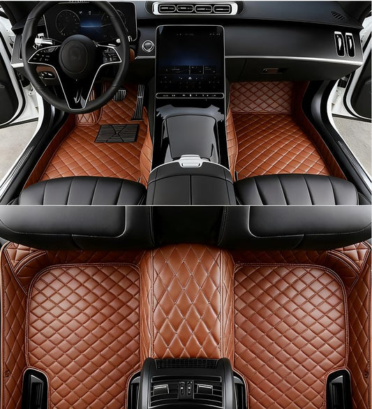 Custom All Weather Protection Leather Car Floor Mats for Cars Sedan SUV Sports Car Waterproof Floor Mat (Light Brown)