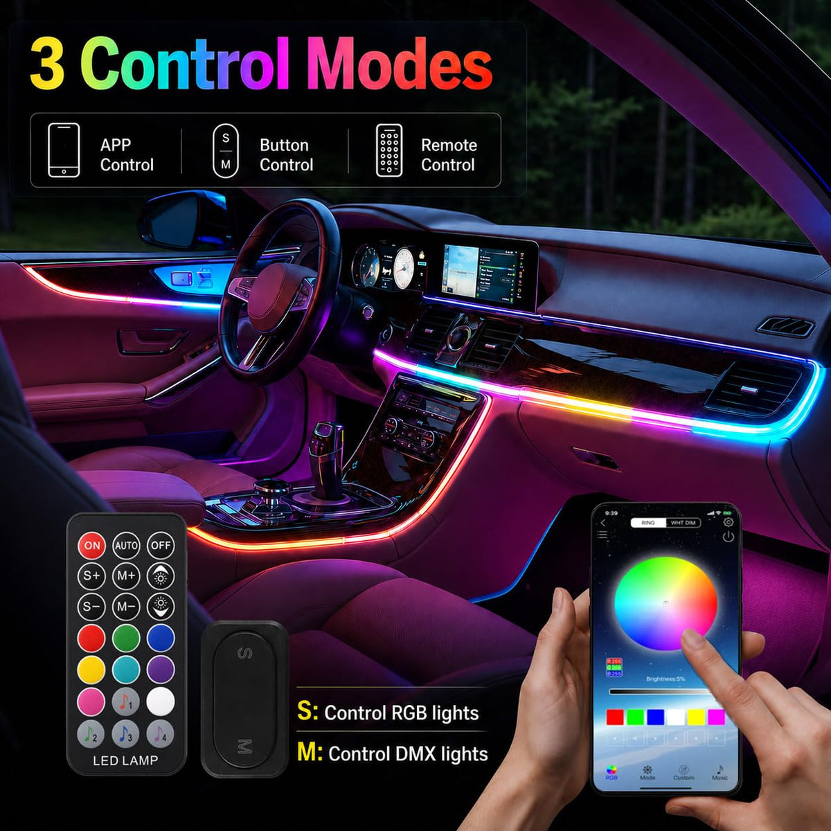 Interior Car LED Strip Lights (Car Ambient Lighting Kit (8 in 1))
