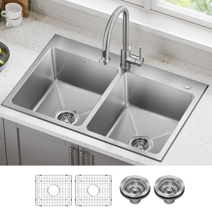 Stainless Steel 33 in Double Bowl Drop In Kitchen Sink KHT632 (33 Inch / Double Bowl — Drop In)
