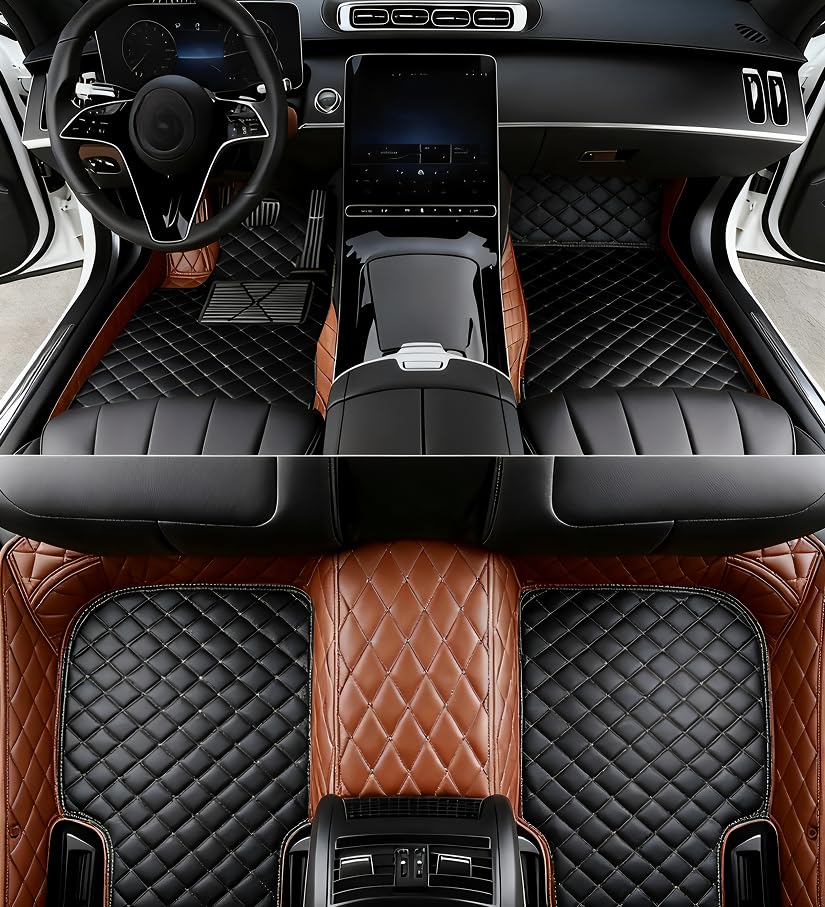Custom All Weather Protection Leather Car Floor Mats for Cars Sedan SUV Sports Car Waterproof Floor Mat (Black brown)
