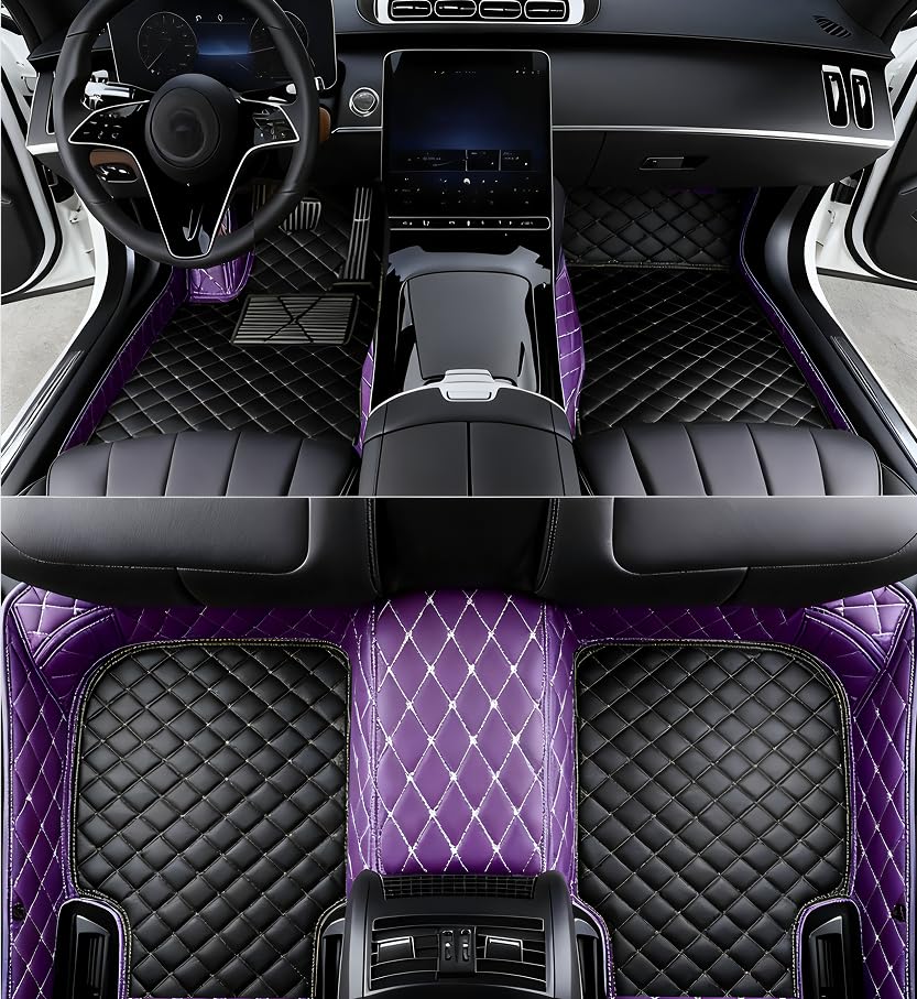 Custom All Weather Protection Leather Car Floor Mats for Cars Sedan SUV Sports Car Waterproof Floor Mat (Black+purple)