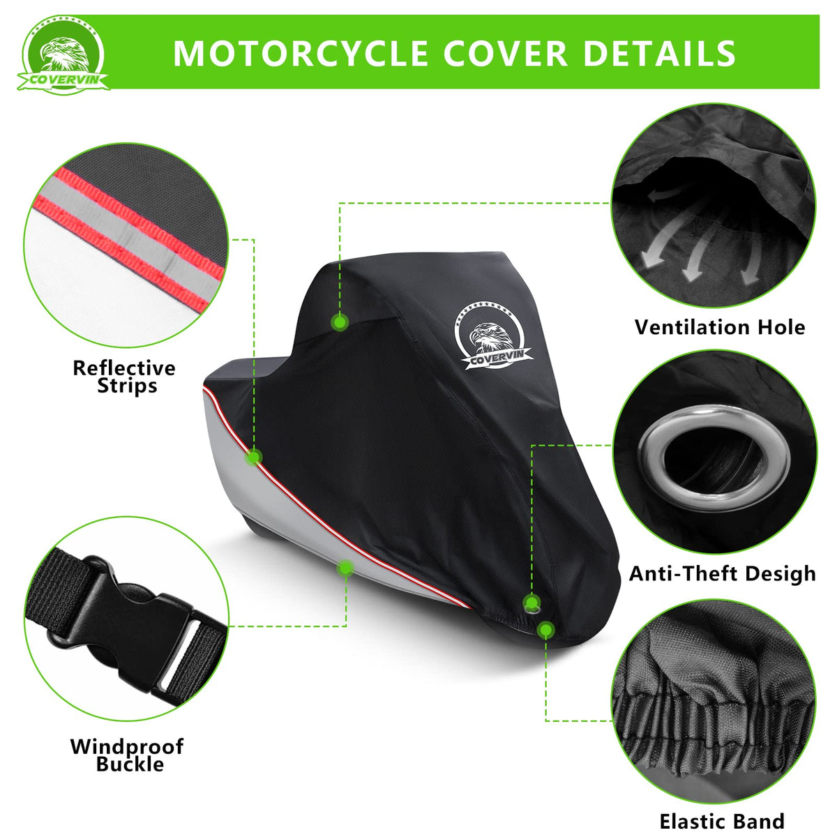 Motorcycle Cover Waterproof Universal Outdoor Storage Cover (L-91 inch / Silver)