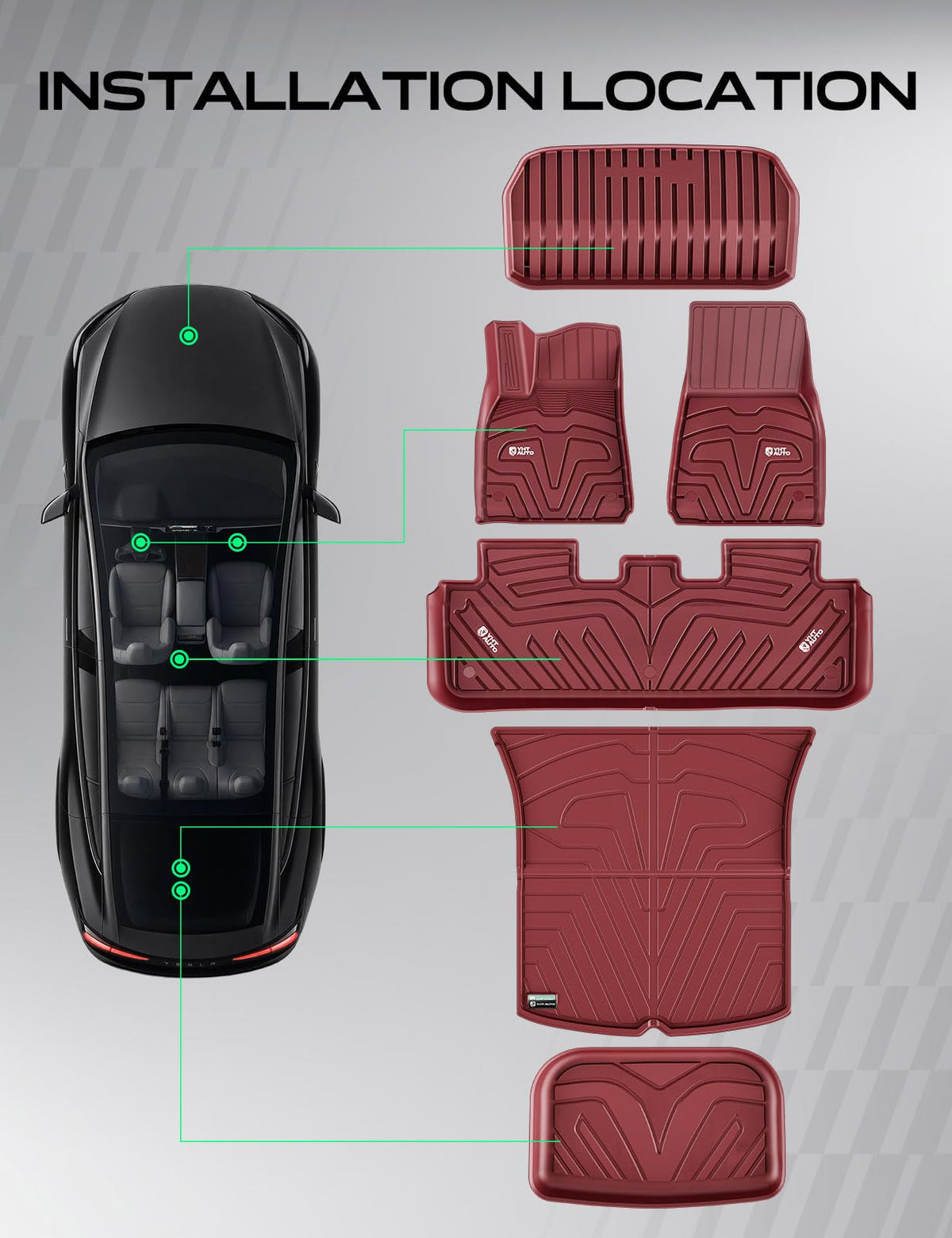 Automotive Floor Mats for Tesla Model Y 2020 (Red / 6-Piece Set)