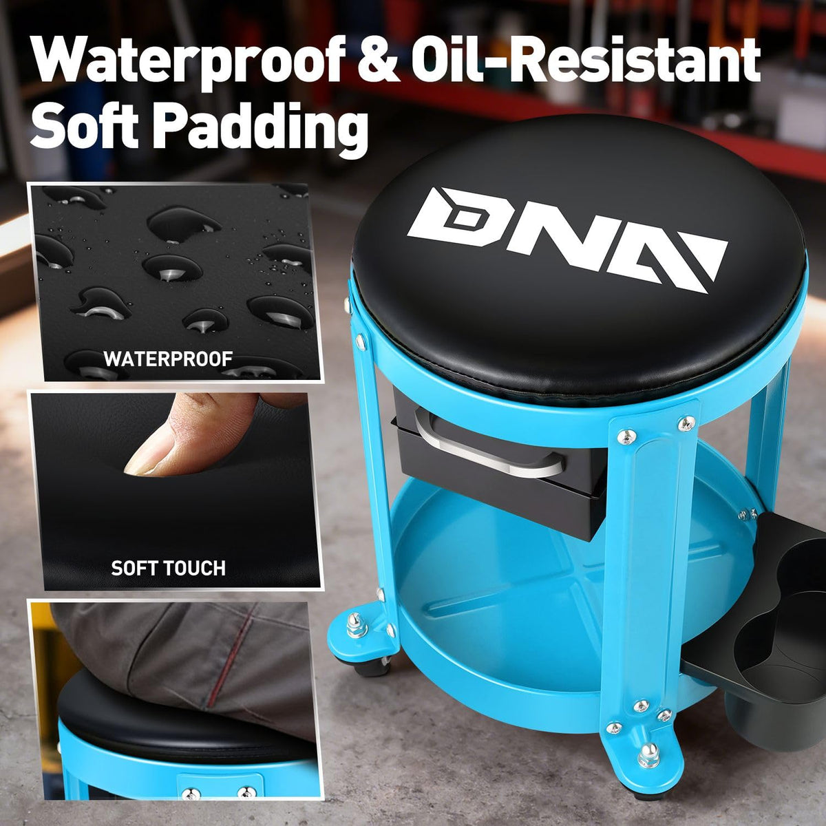 Round Mechanics Roller Seat Creeper Stool with Padded Cushion (Blue)