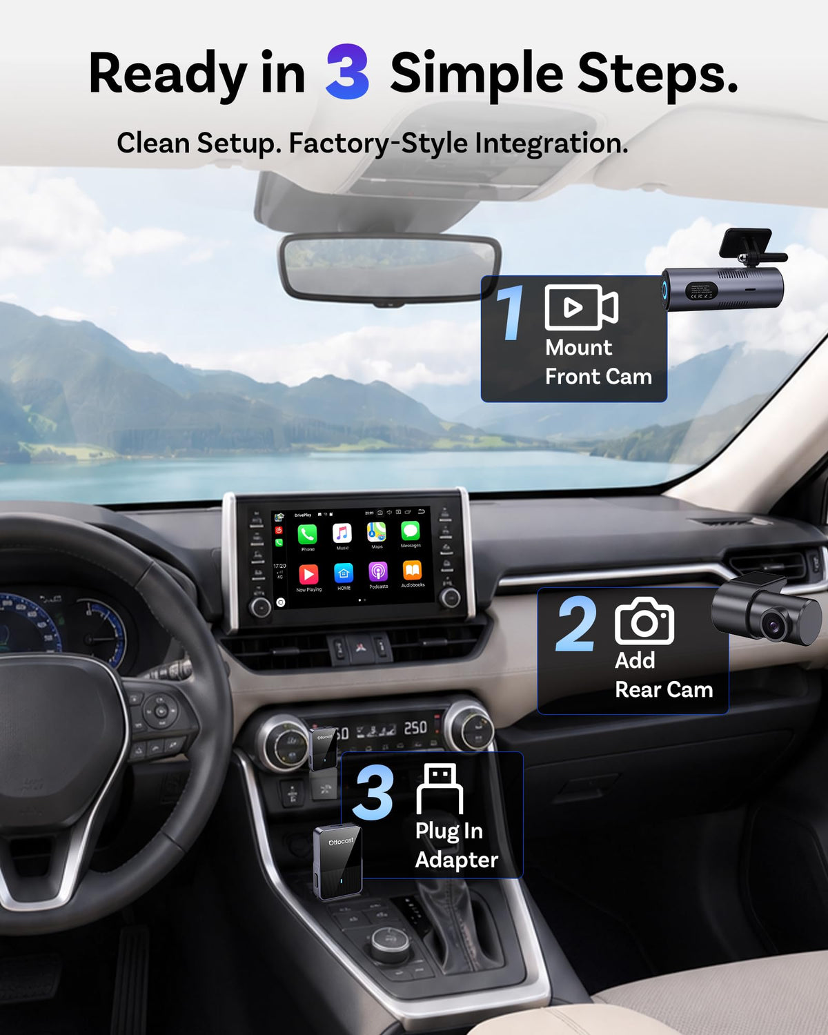 OttoSafe Dash Cam Front and Rear with Wireless CarPlay Adapter