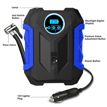 Digital Air Compressor for Car Auto Pump Portable Tire Inflator with LED Light DC 12V (Blue)