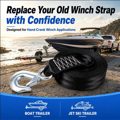 Boat Trailer Winch Strap with Hook 2" x 20' (2in x 20ft with hook-10,000lb / Black)