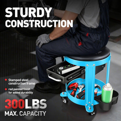 Round Mechanics Roller Seat Creeper Stool with Padded Cushion (Blue)