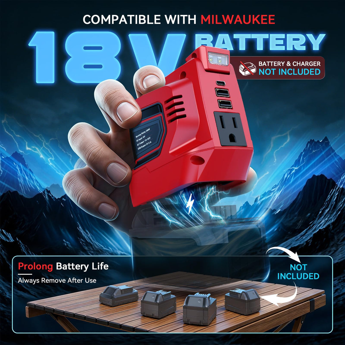 220W Power Inverter Compatible with Milwaukee 18V Battery (2-pack / Red)