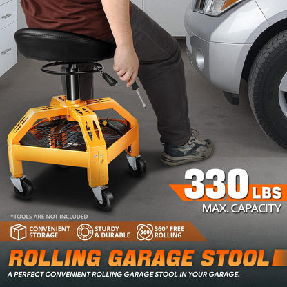 Rolling Padded Seat Adjustable Height Seat 330lbs Capacity Rolling Mechanic Creeper Stool (Grid Tray Yellow)