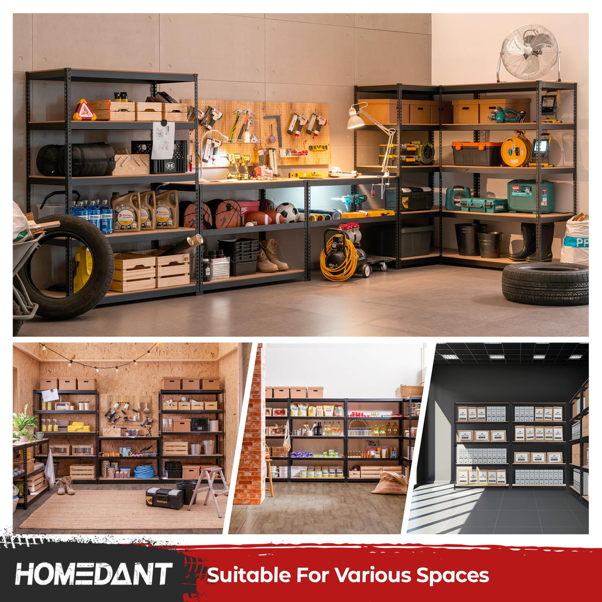 Black 47.7" W 5 Tier Storage Shelves Garage Shelving Unit Metal (Black / 47.7"W x 18.2"D)