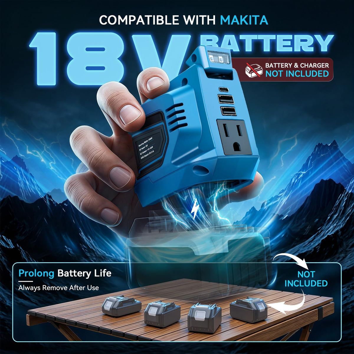 220W Portable Power Inverter Compatible with Makita 18V Battery (1-pack / Blue)