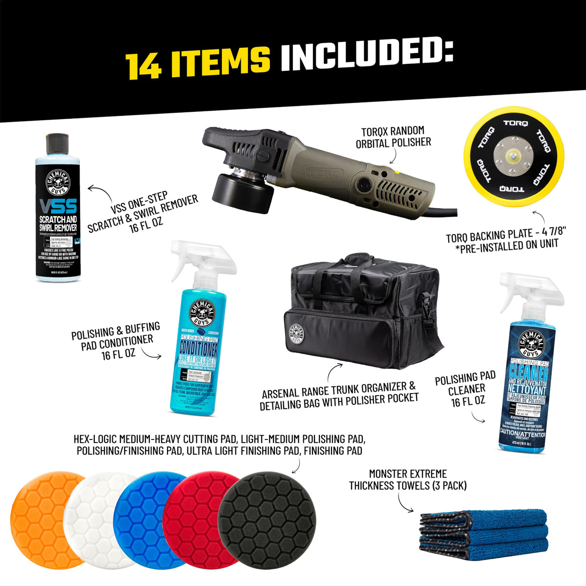 TORQX Dual Action Polisher Detailing Kit with Bag (13 ITEM KIT)