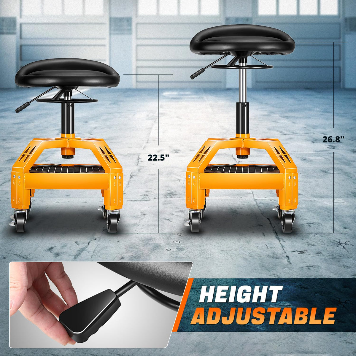 Rolling Padded Seat Adjustable Height Seat 330lbs Capacity Rolling Mechanic Creeper Stool (Grid Tray Yellow)
