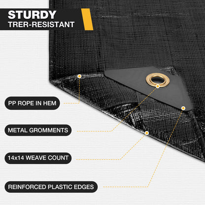 Heavy Duty Tarp 14 Mil Tarp Waterproof Black 16x20 FT (Black-14mil / 16'x20')
