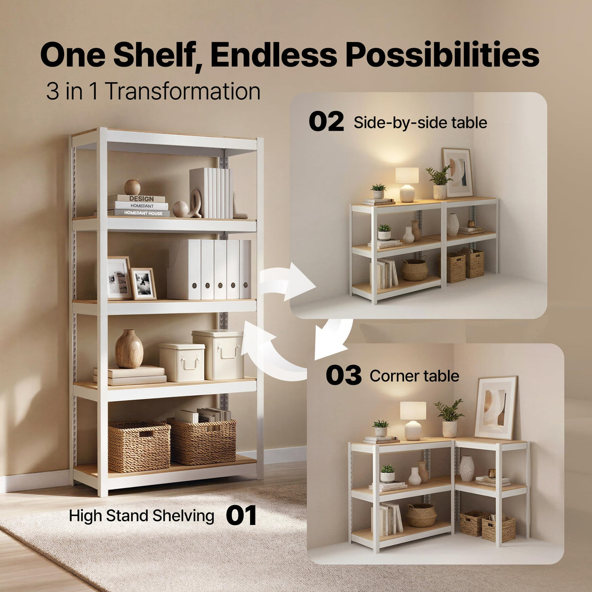 House 5 Tier 24.1" W Laminated Metal Shelving Unit Adjustable Storage Utility Rack Heavy Duty Shelves Organization Multipurpose Shelf Kitchen Garage Pantry Closet 1 Pack (White / 24.4"W x 16.5"D)