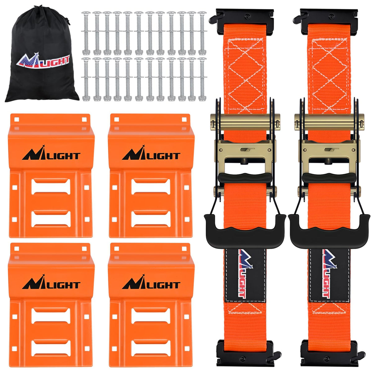Wheel Chock Tie Down Kit with 2Pcs E Track Ratchet Straps (2Pcs E-Track Ratchet Straps + 4Pcs Wheel Chock)