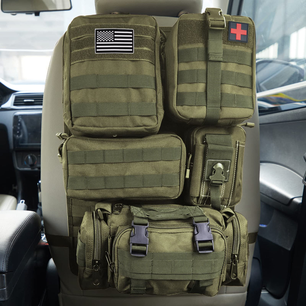 Universal Tactical Seat Back Organizer Vehicle Molle Panel Organizer Storage Bag with 5 Detachable Molle Pouch for All Vehicel Such as Jeep (A model-Military Green)