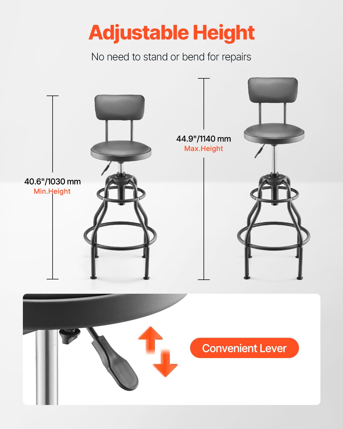 Shop Stool with Backrest Pneumatic Garage Seat Stool 300lbs Capacity (with Backrest-no Casters)