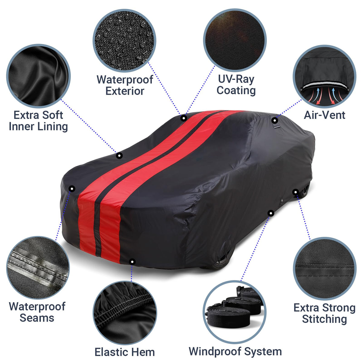 Car Waterproof Cover for 2024 (33. Mustang Grande 1973 / Black / Red (Stripe))