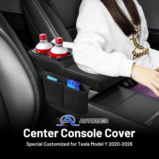 4-in-1 Center Console Cover for Tesla Model Y/Model 3 2020-2026 Accessories Armrest Cushion with Multi-Purpose Storage Leather Middle Console Cover for Model Y Juniper/Model 3 Highland (5)Tesla Model Y&3 2020-2026)
