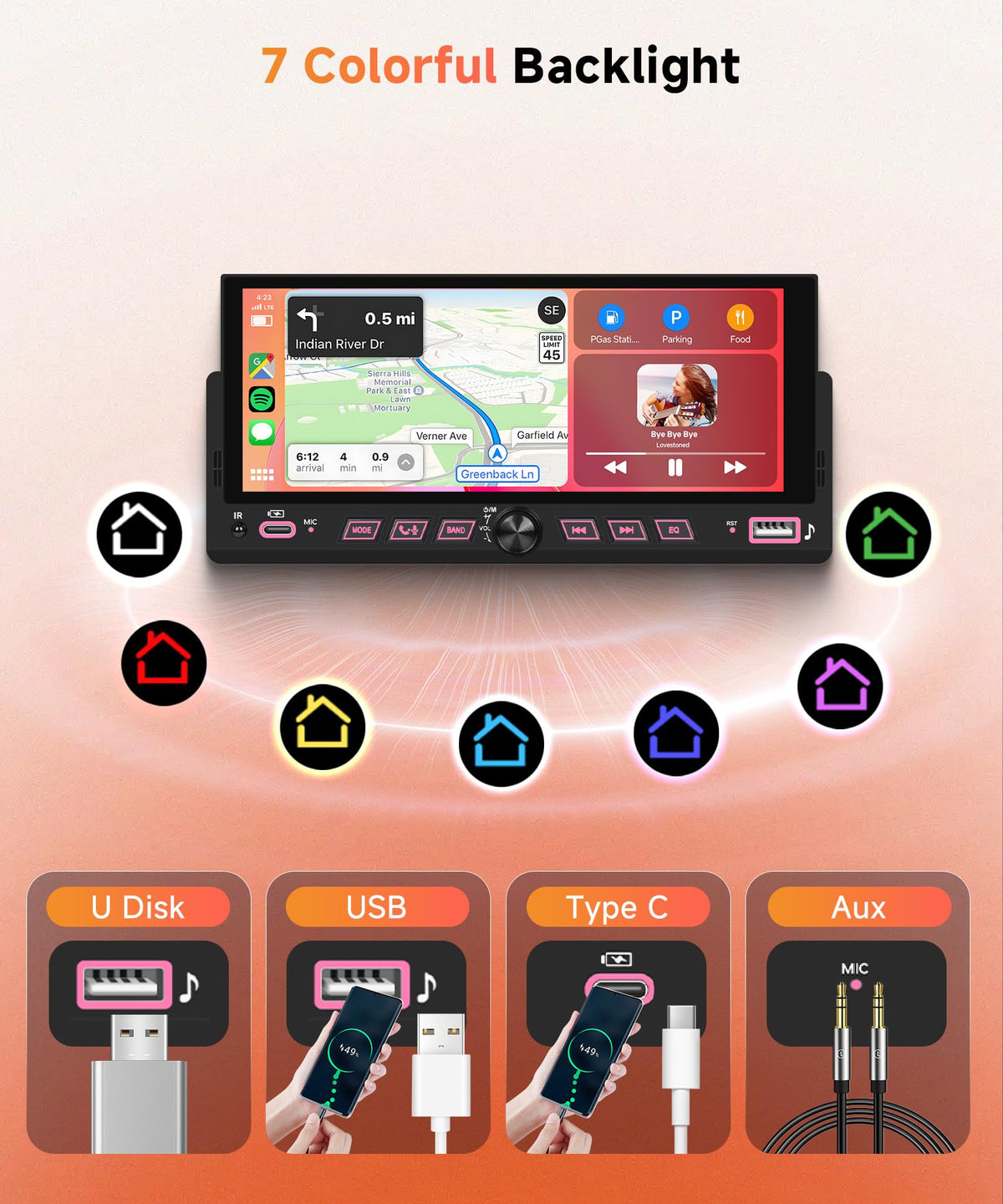 6.86" Single Din Car Stereo with Wireless CarPlay and Android Auto