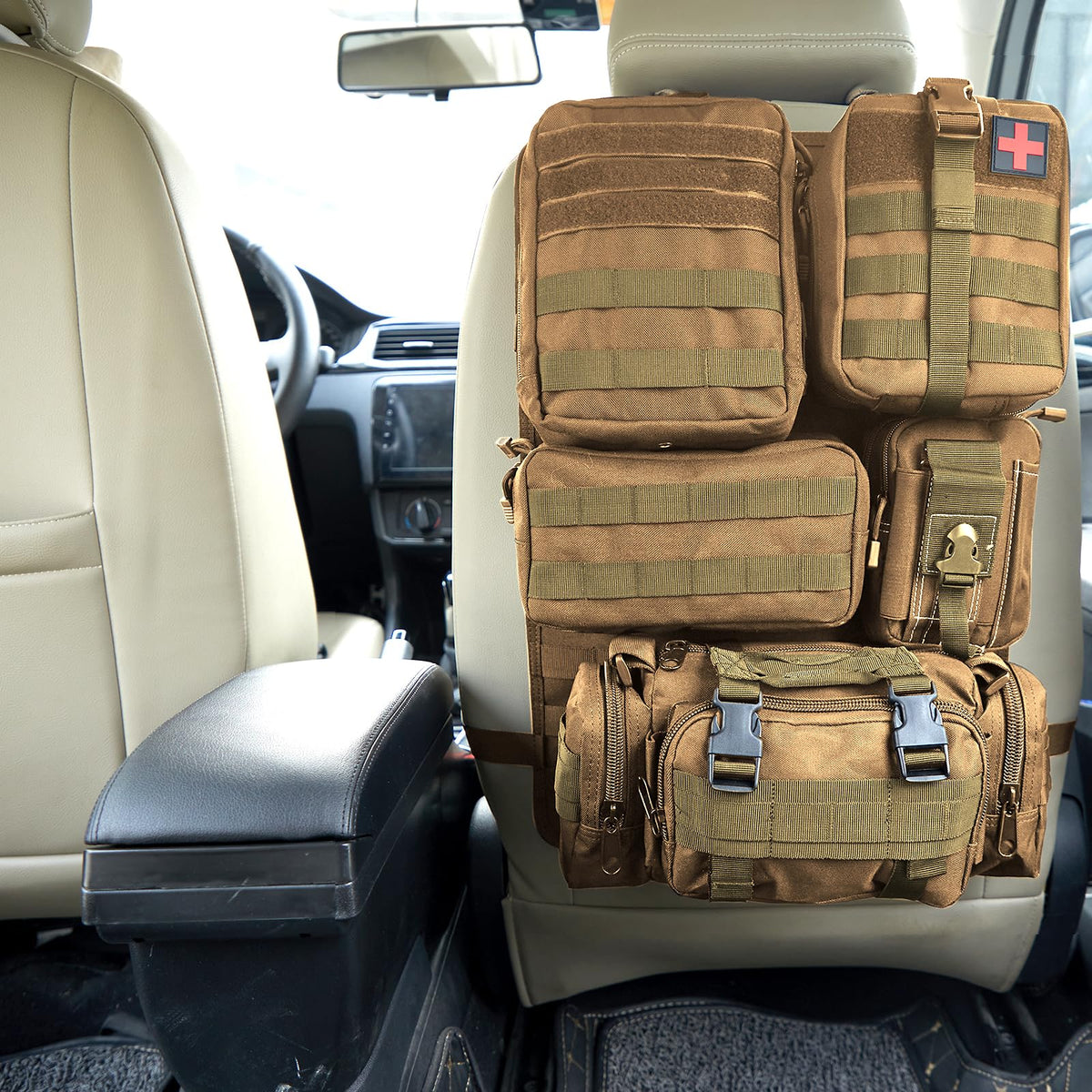 Universal Tactical Seat Back Organizer Vehicle Molle Panel Organizer Storage Bag with 5 Detachable Molle Pouch for All Vehicel Such as Jeep (A model-Khaki)
