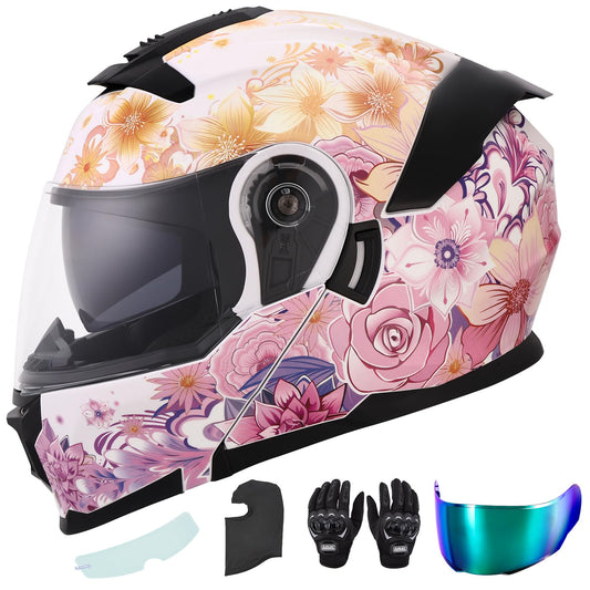 Pink Modular Motorcycle Helmets Full Face Flip up Street Bike Motorcycle Helmet for Unisex Adult Flower Sea (B-Flower Sea Pink / Large)
