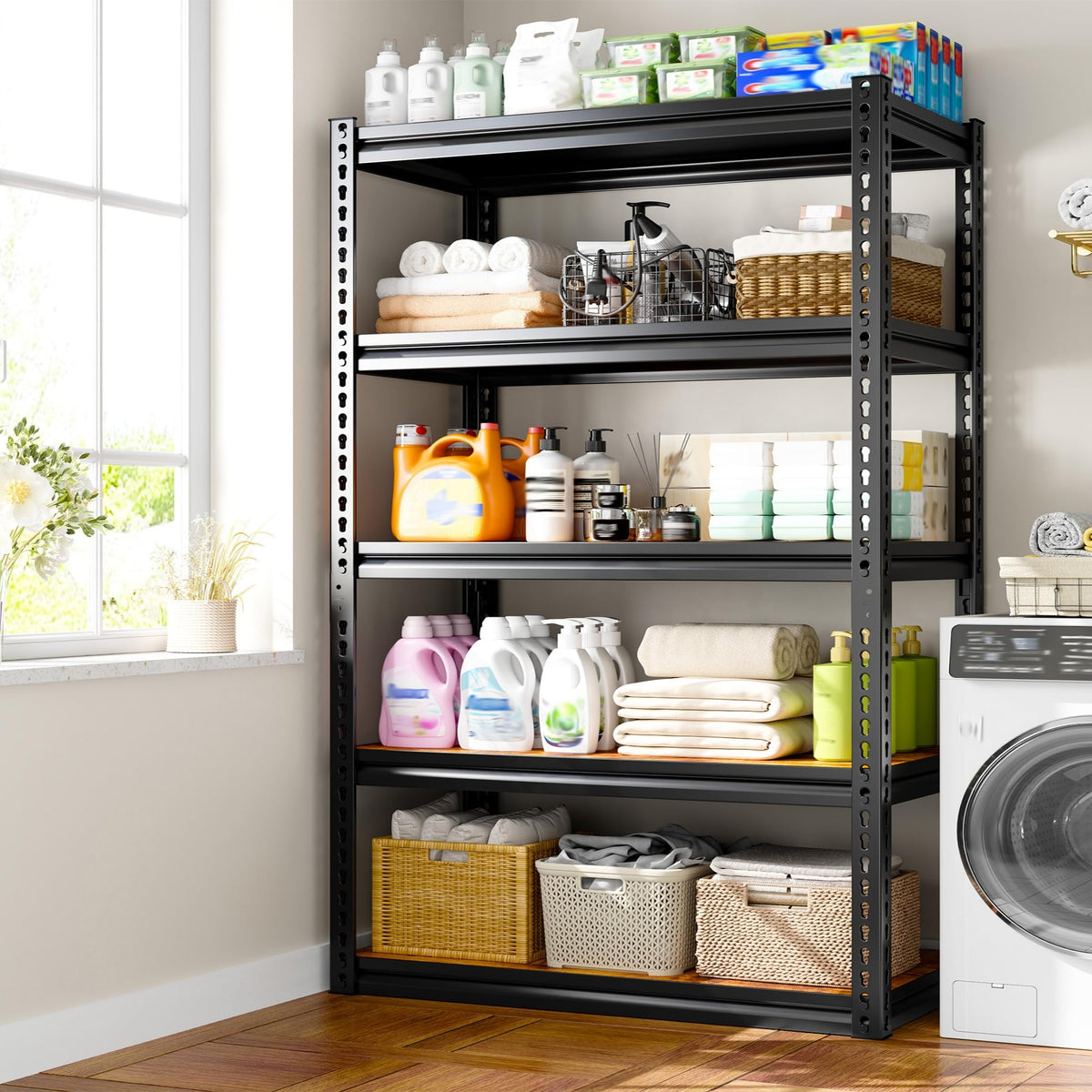 Storage Shelves With Thickened MDF Wood for House Pantry Organizer (R2-33.9"Wx15.4"Dx65.8"H,Black)