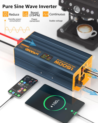 1500W/3000W(Peak) Power Inverter Pure Sine Wave DC 12V to 110V 120V AC Converter 3 AC Outlets Car Inverters with 4 USB Fast Charging Ports, LCD Display and Remote Controller for Truck RV (1500W- 12V)