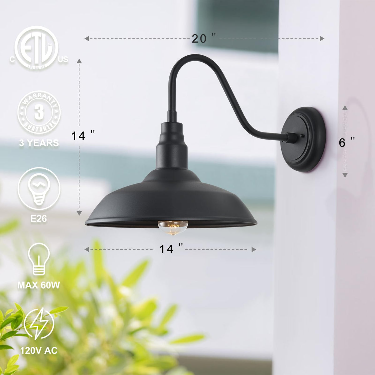 14 Inch Outdoor Gooseneck Light Fixture for Porch (Matte Black / 14" Dome)