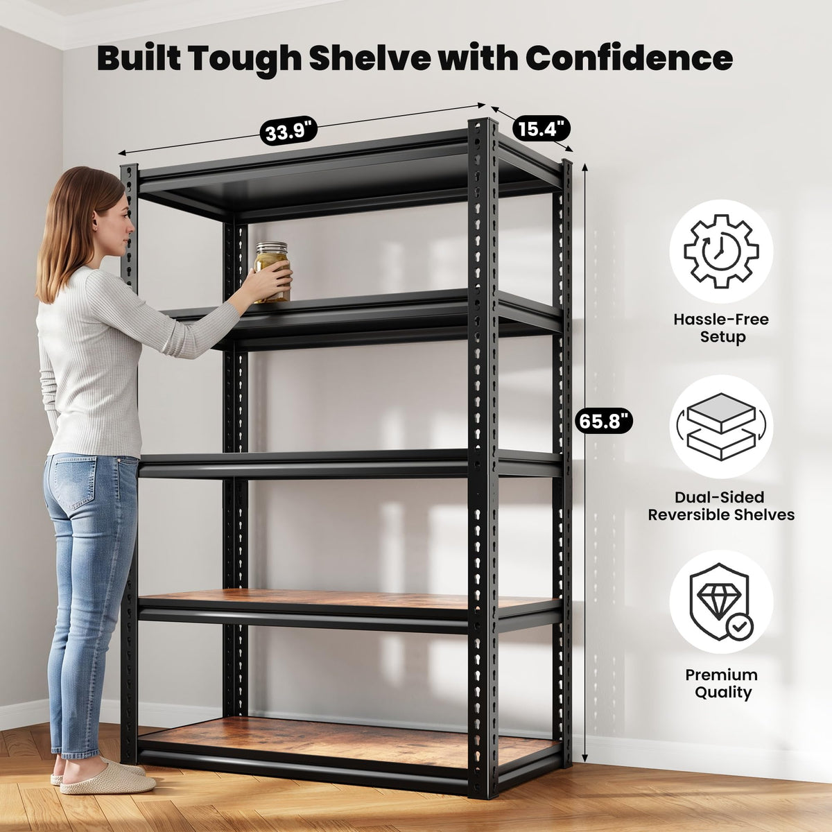 Storage Shelves With Thickened MDF Wood for House Pantry Organizer (R2-33.9"Wx15.4"Dx65.8"H,Black)