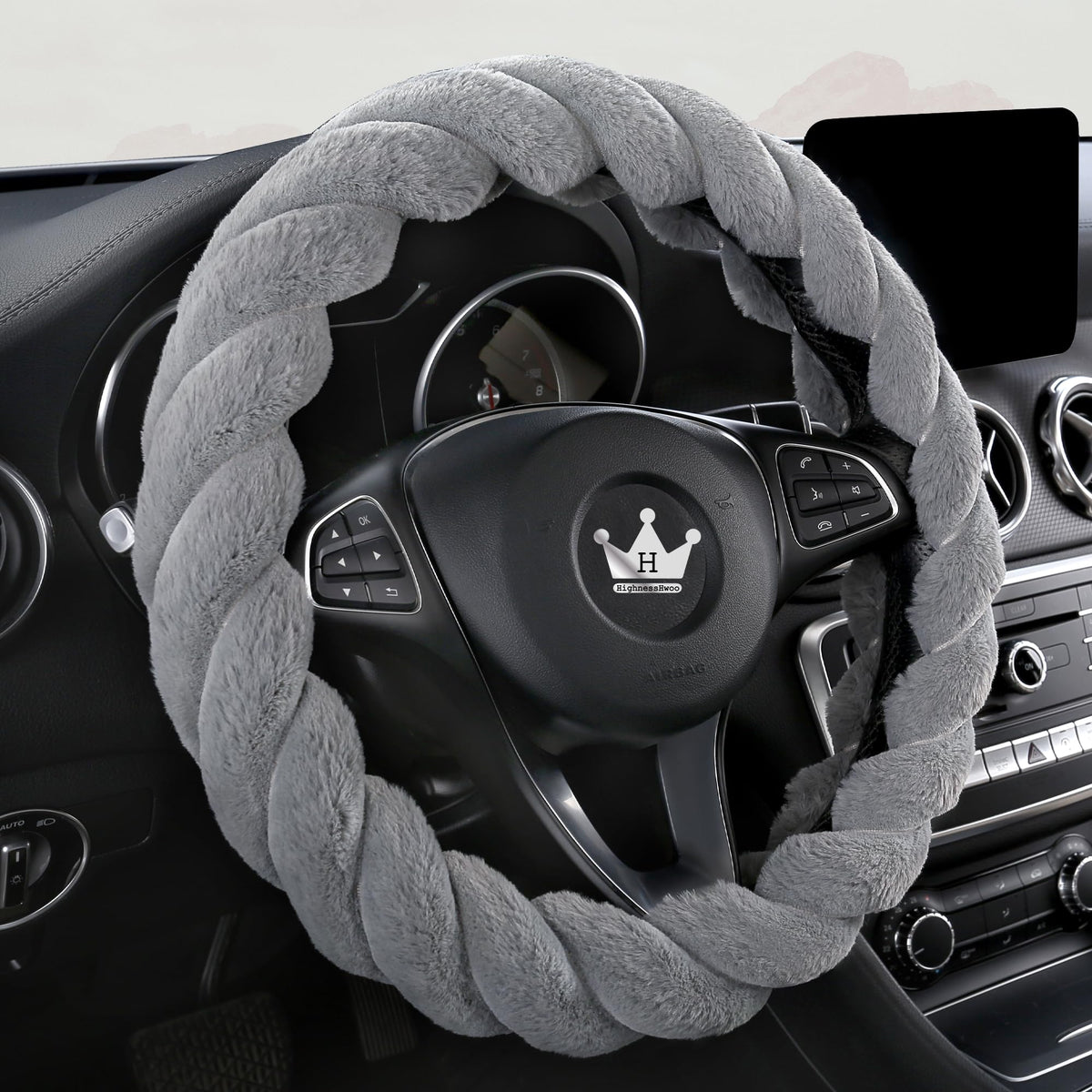 Fluffy Plush Car Steering Wheel Cover Gray 15 Inch Winter (Gray / Standard Size [14.75-15.15"] (37.5-38.5cm))