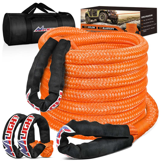Kinetic Recovery Rope Kit with Soft Shackle Towing Strap (1Pc 1/8in x 30ft Kinetic Recovery Rope + 2Pcs Soft Shackles)