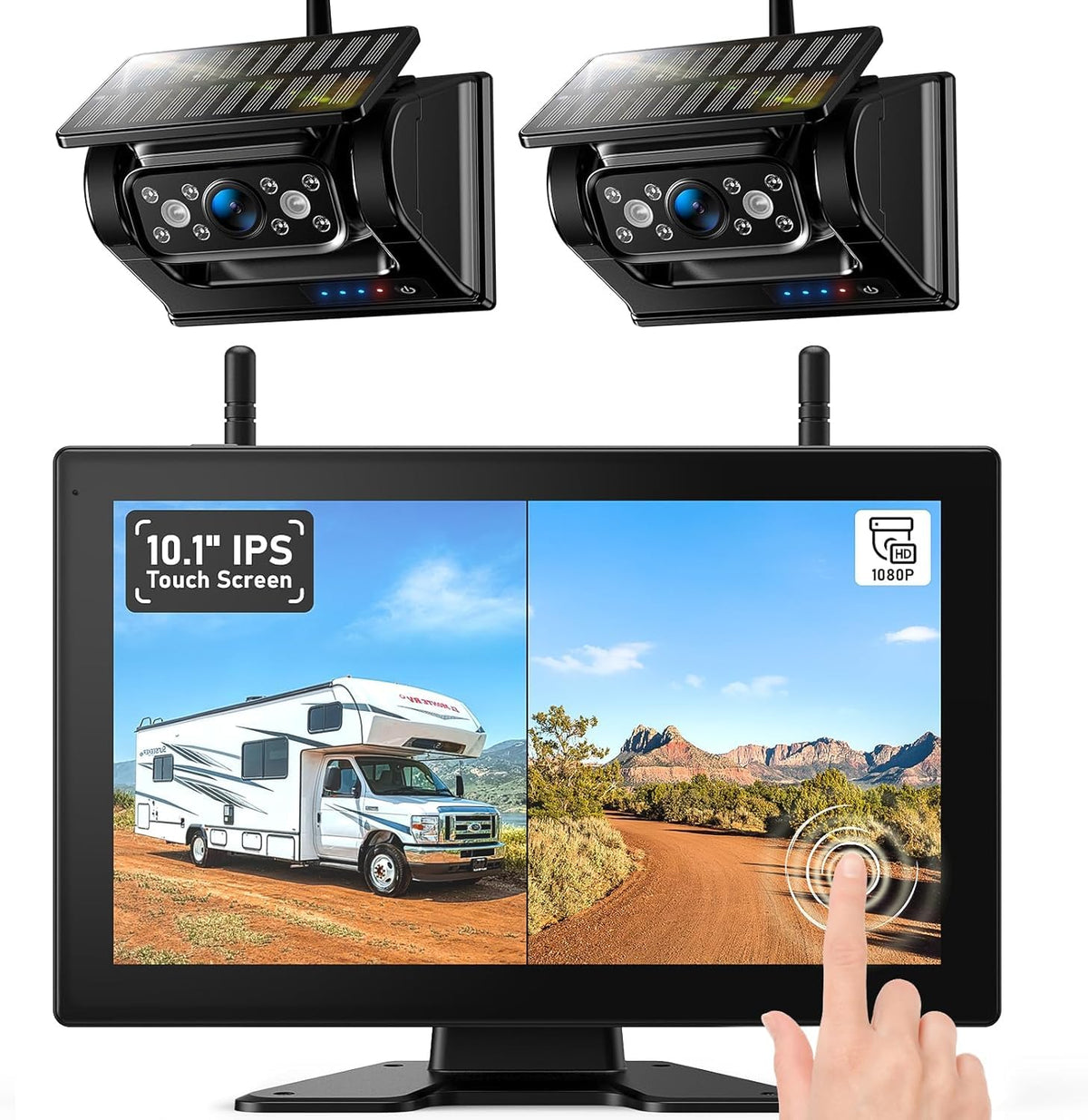 2 CAM 10.1" Touchscreen Magnetic Solar Wireless Backup Camera