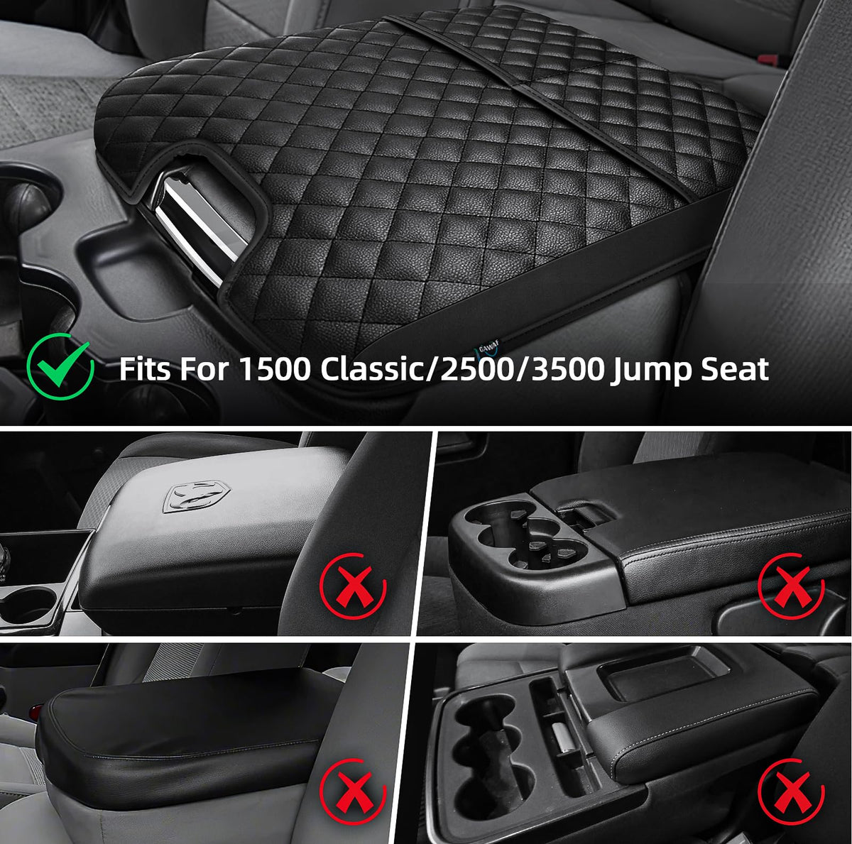 Center Console Cover for 2013 (Fit for 2013-2018 Dodge Ram Jump Seat / Black Leather（with 2 Front Pockets）)