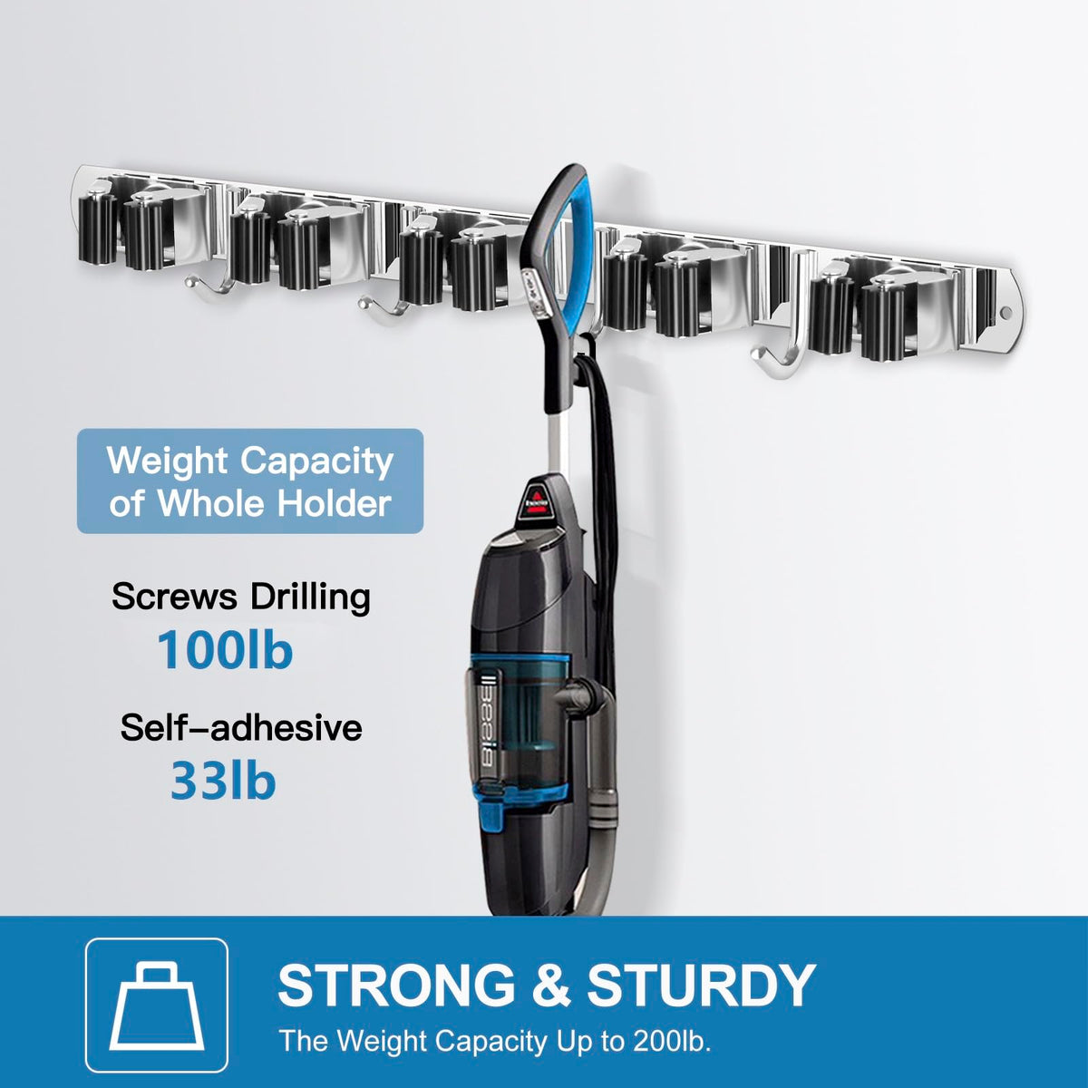 2 Pack Broom Holder Wall Mount Stainless Steel Mop Organizer (5 Racks with 4 Hooks / 2 Pack)