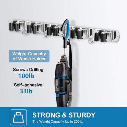 2 Pack Broom Holder Wall Mount Stainless Steel Mop Organizer (5 Racks with 4 Hooks / 2 Pack)