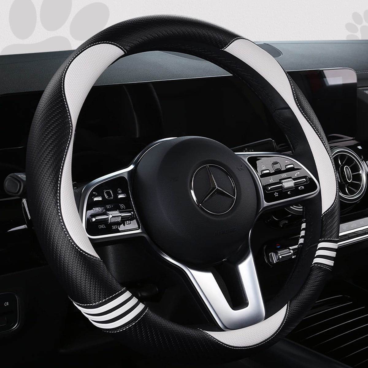 Carbon Cute Car Steering Wheel Cover White 15 Inch All Season (White+Black / Standard Size[14.75-15.15"](37.5-38.5cm))